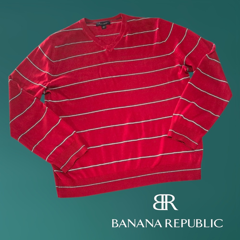 Banana Republic Sweater Mens Silk Cashmere Striped V-Neck Red Large